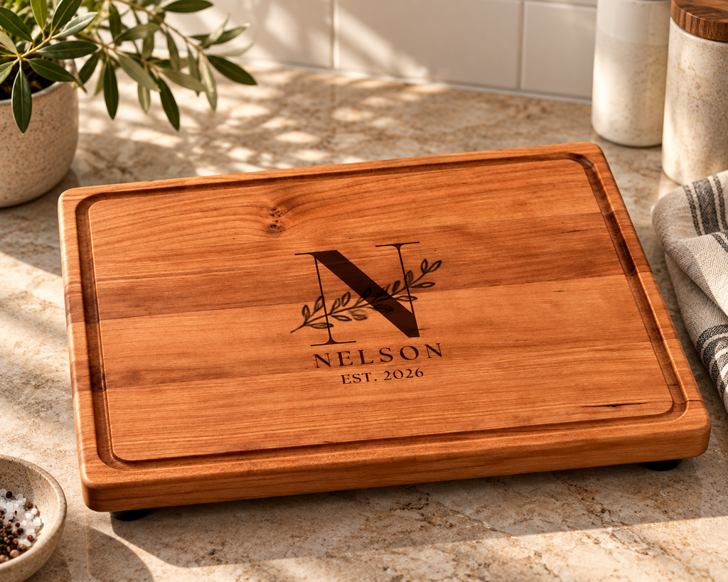 Handcrafted cherry wood cutting board featuring custom family name engraving with decorative initial N, Nelson, and Est. 2026. Beautiful natural cherry wood grain, rounded corners, juice groove and elevated design with rubber feet. A personalized wooden cutting board for everyday kitchen use or a meaningful housewarming gift.