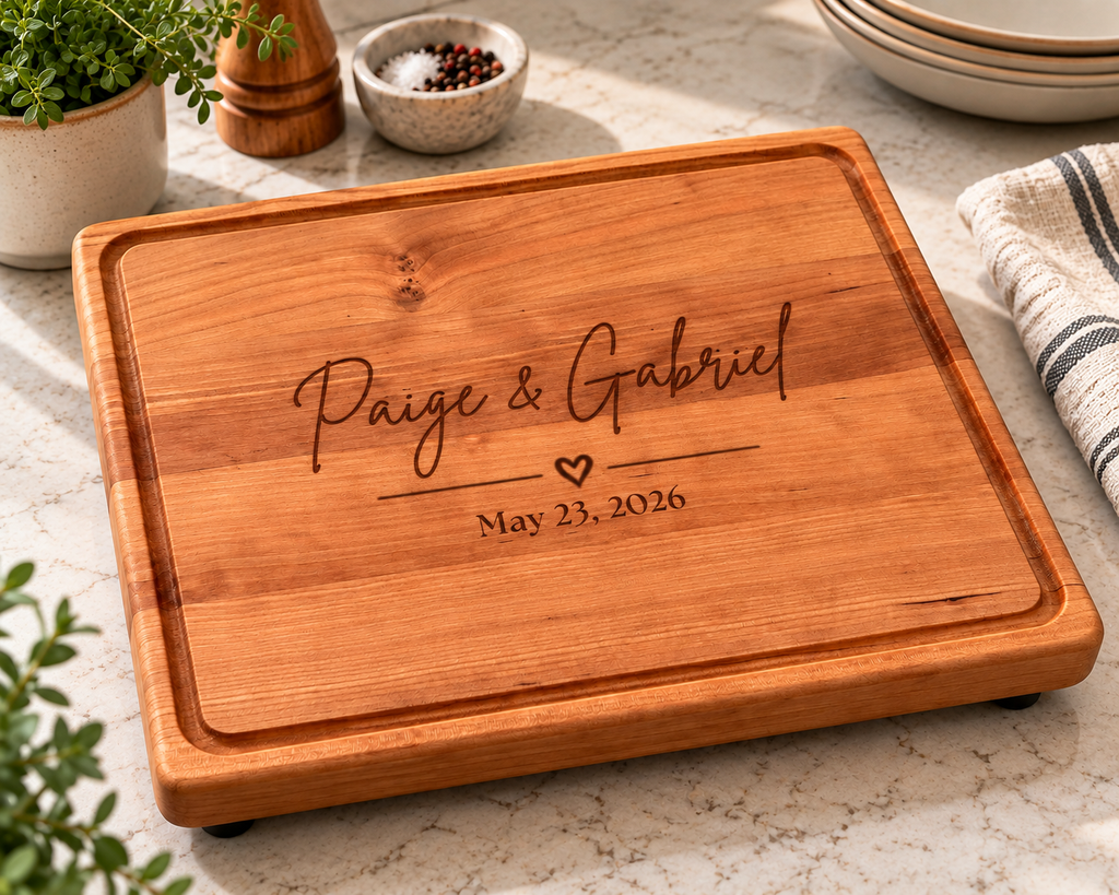 Personalized cherry wood cutting board displayed on a neutral kitchen countertop, featuring an elegant engraved family name design with decorative script lettering. Handcrafted from solid cherry hardwood with warm natural wood grain, rounded corners and a routed juice groove. A thoughtful personalized gift for weddings, anniversaries and new homeowners.