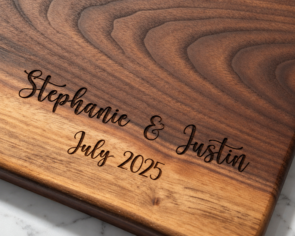 Close-up of a personalized wooden board with engraved script reading 'Stephanie & Justin July 2025' on a warm medium-brown wood grain surface.