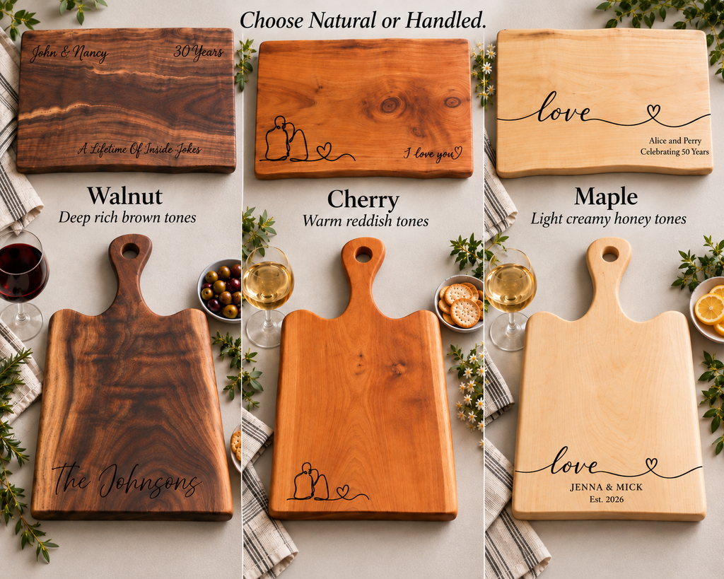A collage showing three wooden serving boards in different wood tones: walnut, cherry, and maple. Each board has engraved personalized text and small decorative illustrations, with food and drink props around them.