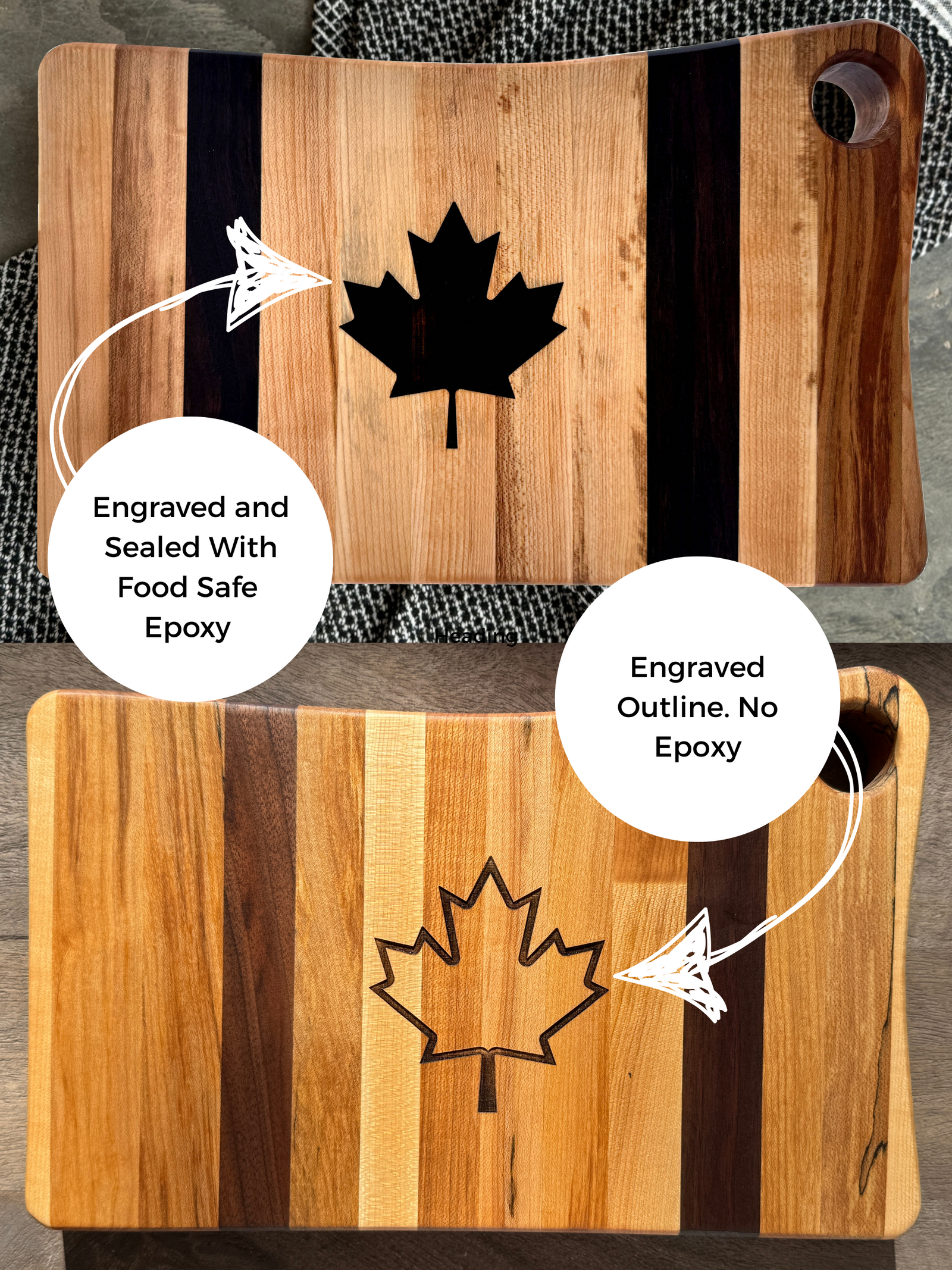 A hand holds up the canadian flag striped maple and walnut cutting board with a laser-engraved, outline of maple leaf in the center, set against a snowy forest background.