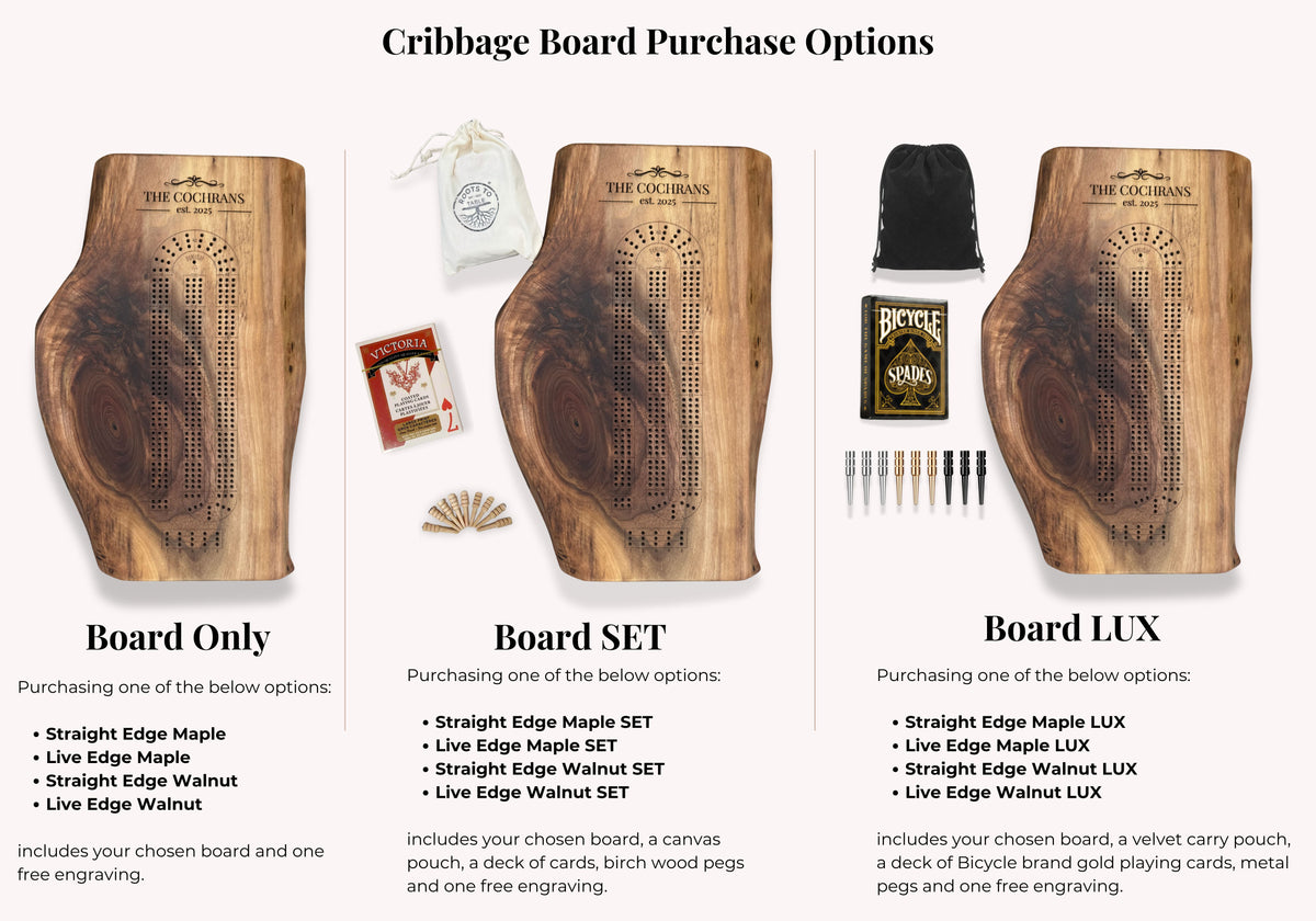 Personalized Custom Live Edge Cribbage Board, Maple or Black Walnut Crib Boards with Live Edge Design, Rustic Game Board with Peg Storage, Custom Engraved Gifts, Fun Family Game