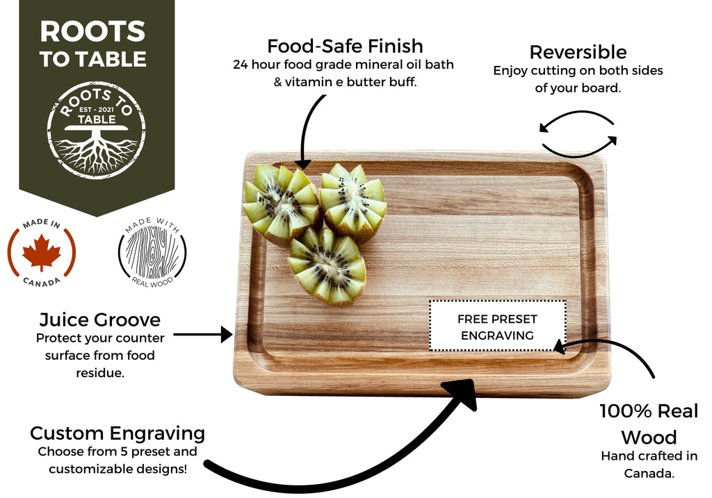 Real maple wood cutting board 12 x 8 Inches. This board is made with real Canadian lumber, can have a juice groove is desired, has a food safe finish and is reversible. You can also get your small cutting board engraved in the bottom right corner