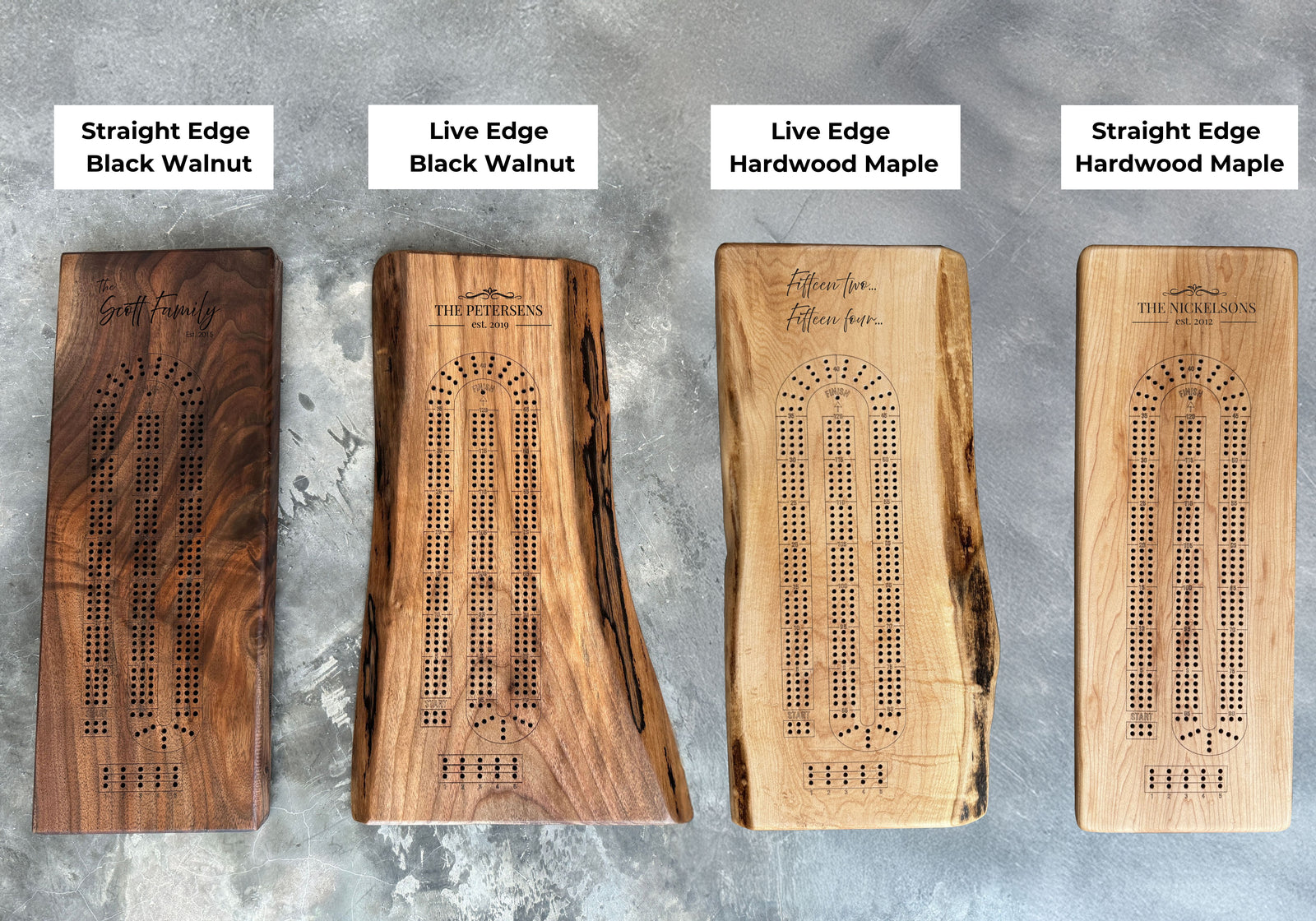 A live edge walnut solid wood cribbage board engraved with The Smith Family, Est. 1980, displayed alongside a live edge walnut charcuterie spread with cheese, meats, and olives. Cards and a wine glass complete the cozy, personalized game night setup