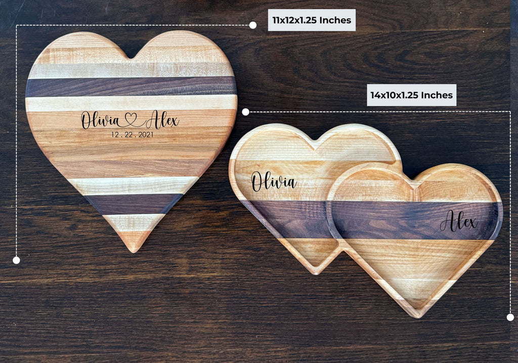 Personalized Wooden Valentines Day Heart Shaped Cutting Board & Charcuterie Board Set, Tray, Serving Plate, Catch All Dish. Gift Ideas.