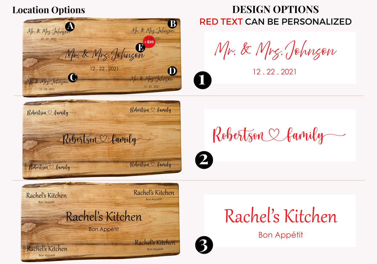 Design options for personalized wooden charcuterie boards showcasing engraving styles. Includes text in red for personalization like Mr. &amp; Mrs. Johnson or Rachel's Kitchen, with multiple location options (A-E) on a live-edge board.
