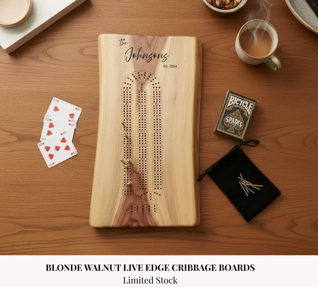 Personalized Custom Live Edge Cribbage Board, Maple, Cherry or Walnut Crib Boards with Live Edge Design, Rustic Game Board with Peg Storage, Custom Engraved Gifts, Fun Family Game