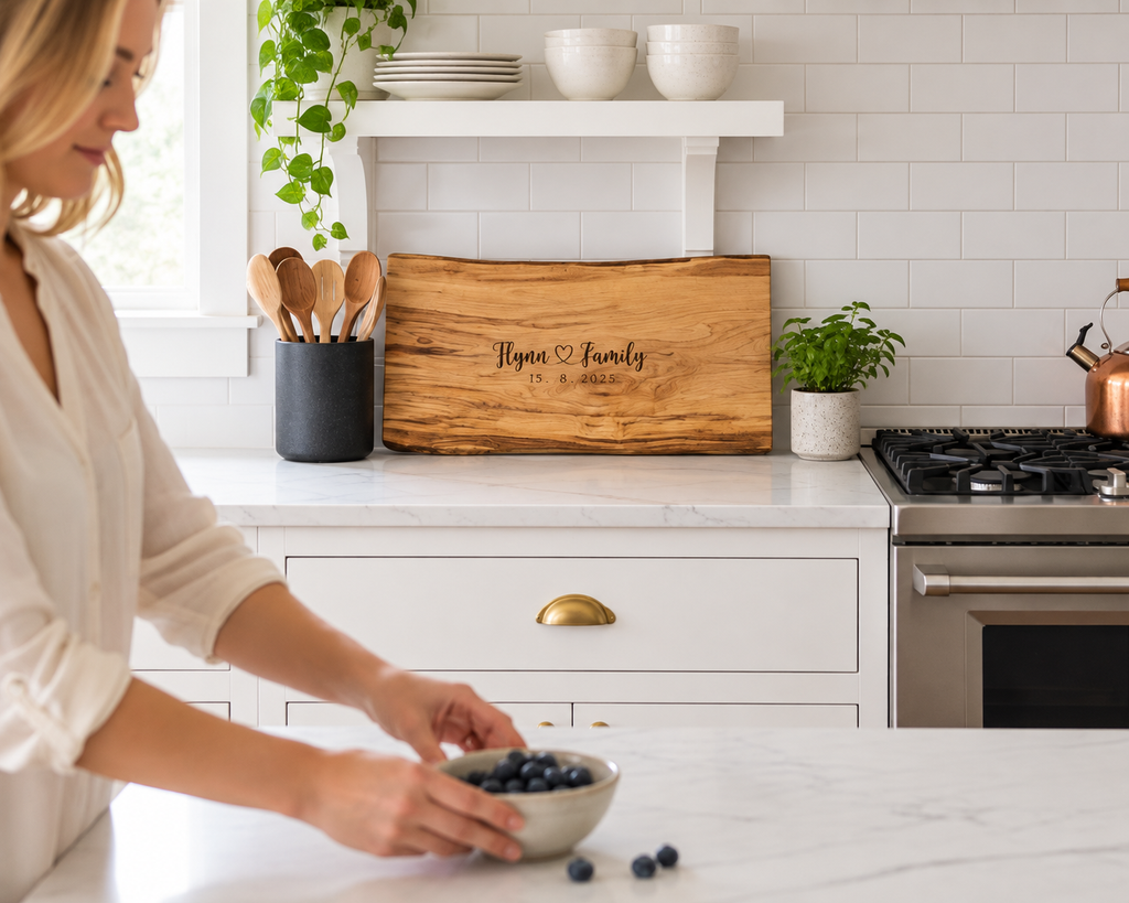 A woman in a white blouse stands at a kitchen counter holding a small bowl of blueberries. A large wooden cutting board with the engraved text 'Home & Family IS A GOGO' is propped against the white subway tile backsplash.