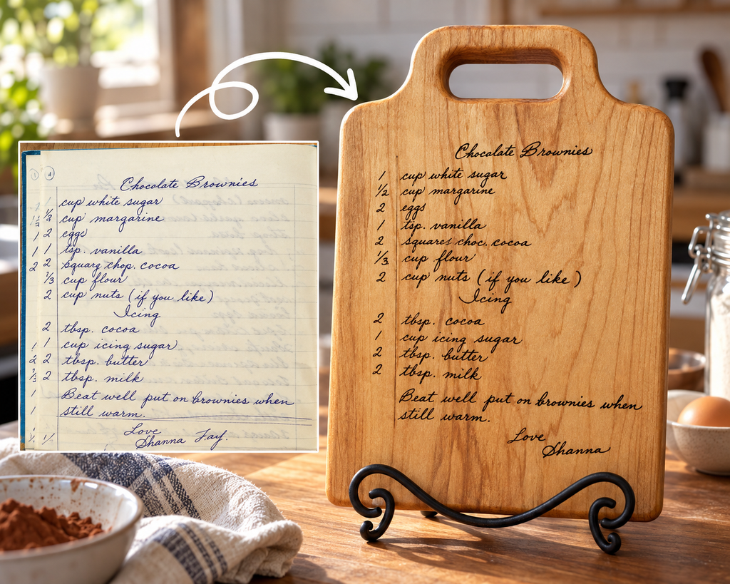 A wooden cutting board with a handle stands on a black metal easel in a kitchen setting, displaying a custom chocolate brownie recipe engraved on it. An inset shows a handwritten recipe note labeled 'Chocolate Brownie' with a white arrow pointing to the board demonstrating how the handwritten recipe is engraved exactly as is onto the board.