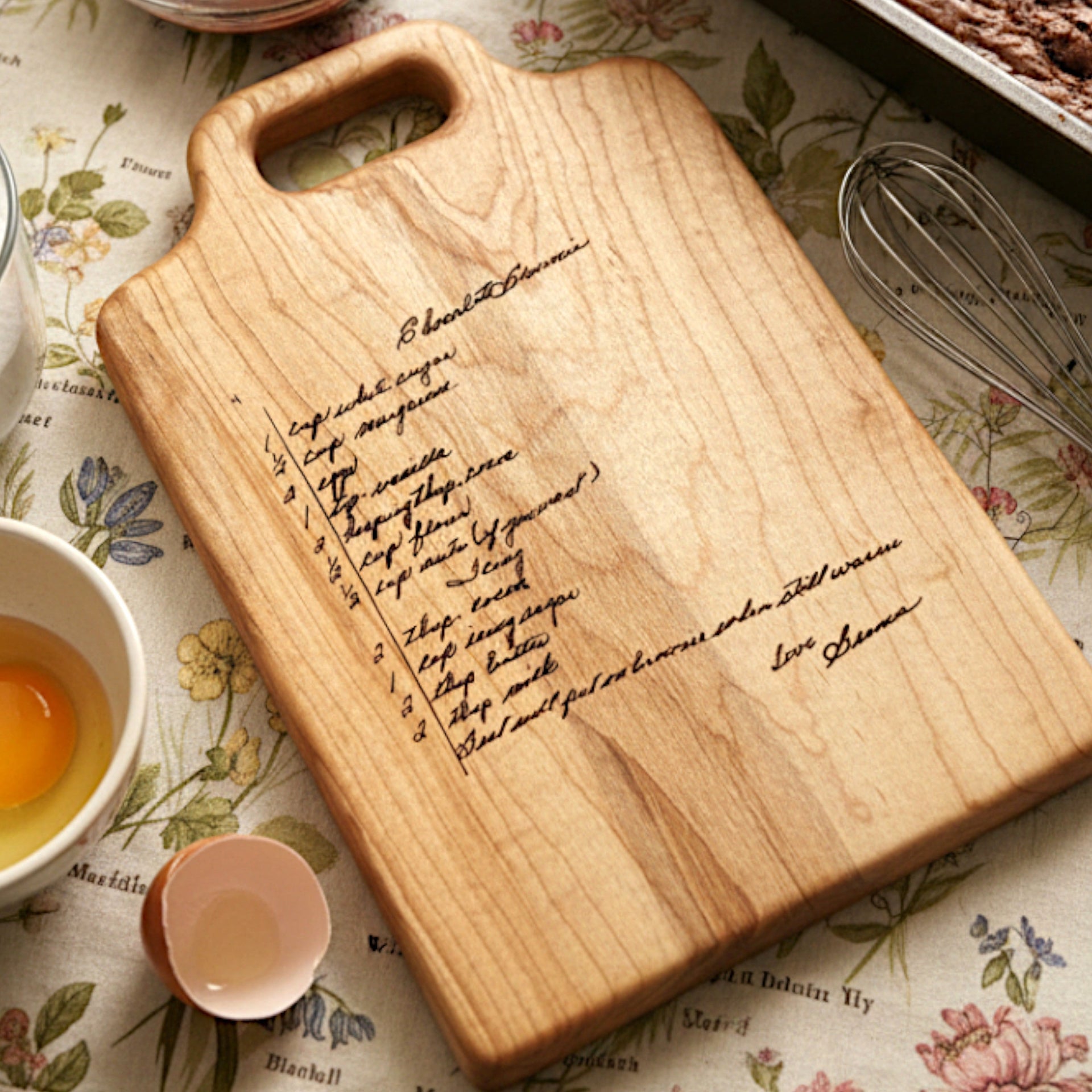 small maple wood cutting board with custom engraving of chocolate brownie recipe.