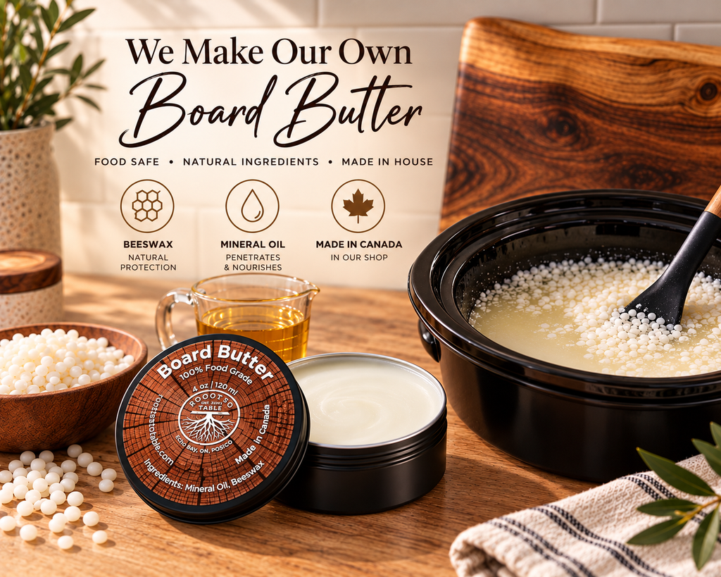 A tin of Board Butter balm and its lid are shown on a wooden countertop, with a slow cooker containing a creamy white mixture and beads, a small glass of golden liquid, and a branded sign in the background reading 'We Make Our Own Board Butter.'.