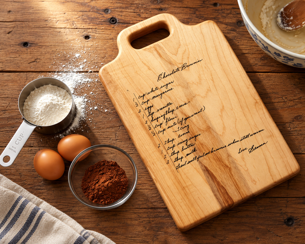 A handwritten recipe memorialized on a maple wooden cutting board with a handle, engraved with a recipe titled Chocolate Brownies, styled on a rustic wooden table with baking ingredients including flour, eggs, cocoa powder, and a bowl of batter.