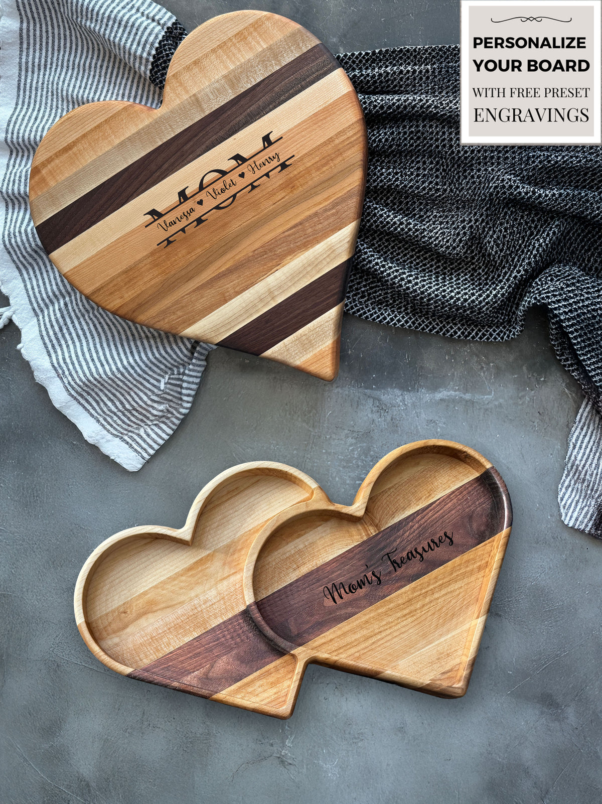 Handmade heart cutting board with edge grain design featuring hard maple and black walnut accents. Personalized with a Mom engraving where you can add the names of moms children inside. A beautiful double heart tray with engraving inside the heart makes a one of a kind mother's day gift set.