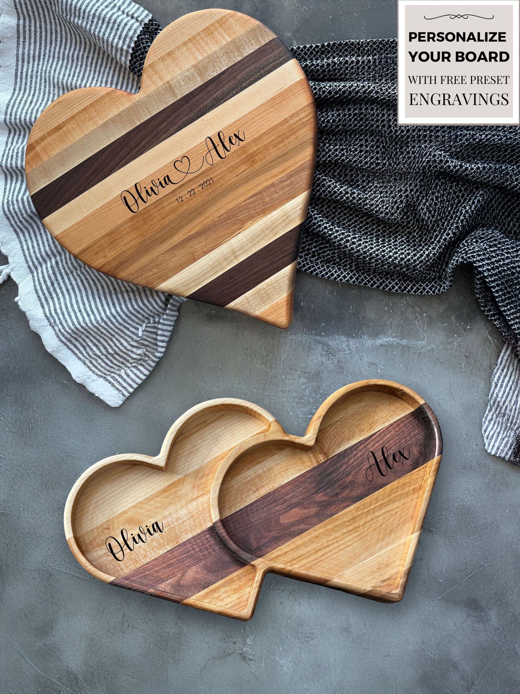 Personalized Wooden Valentines Day Heart Shaped Cutting Board & Charcuterie Board Set, Tray, Serving Plate, Catch All Dish. Gift Ideas.