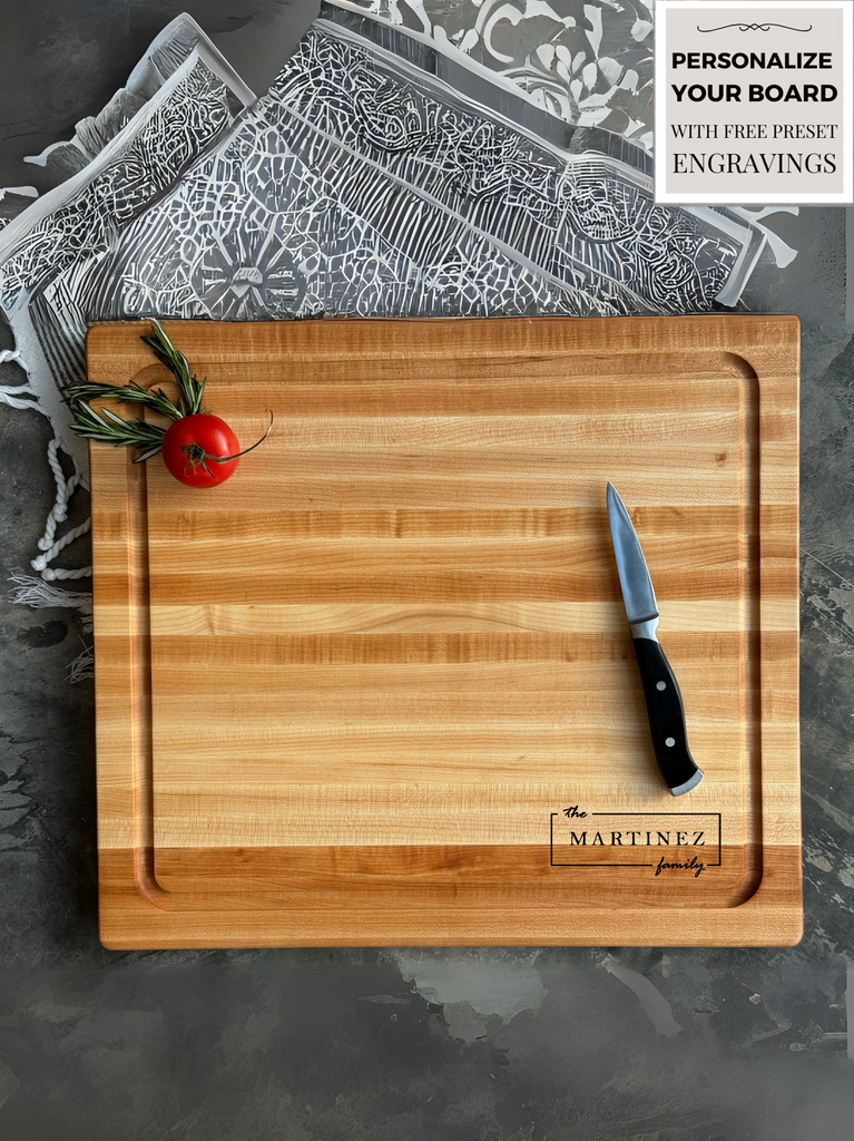 Personalized Cutting Boards, End Grain Walnut and Maple Custom Engraved Boards.