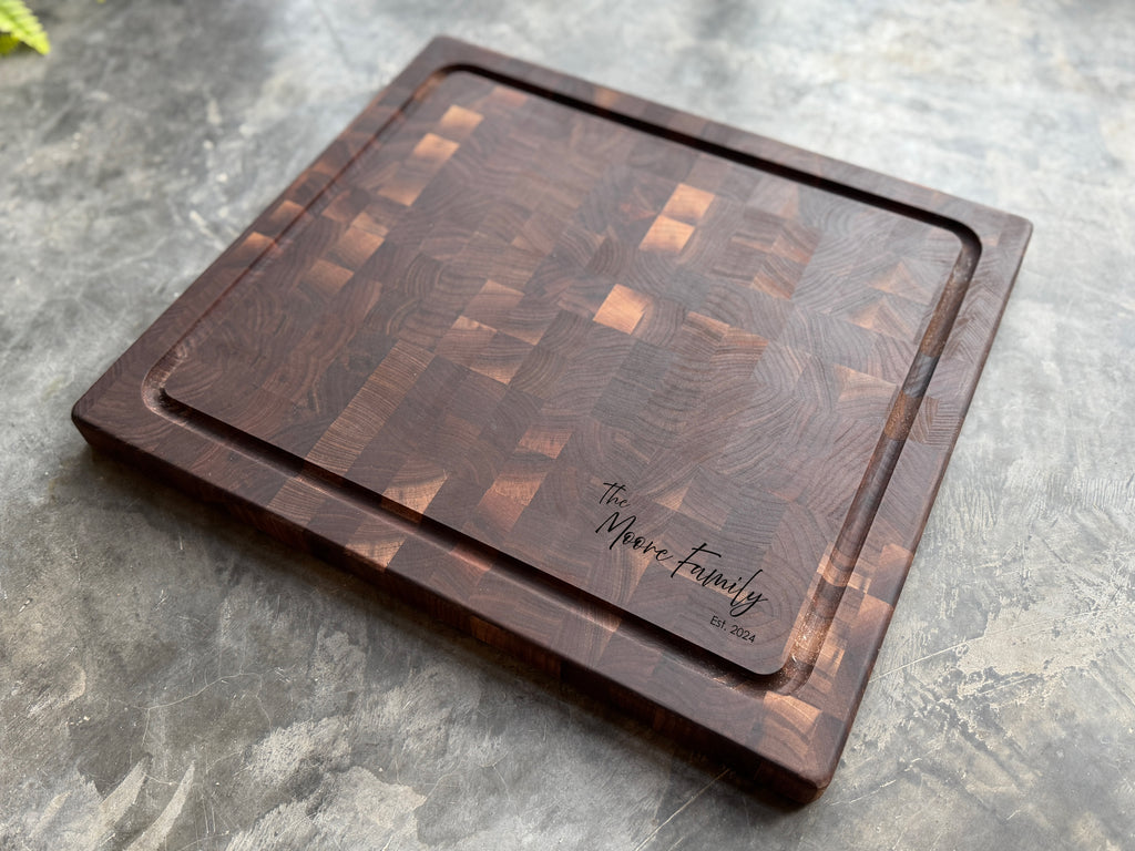 Personalized Cutting Boards, End Grain Walnut and Maple Custom Engraved Boards.