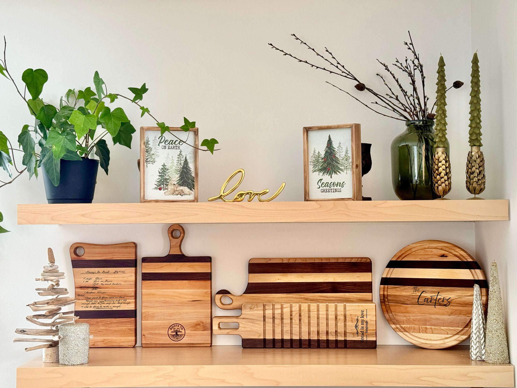 Roots To Table Personalized Crafted Charcuterie Boards. Handmade serving boards made of maple and walnut.