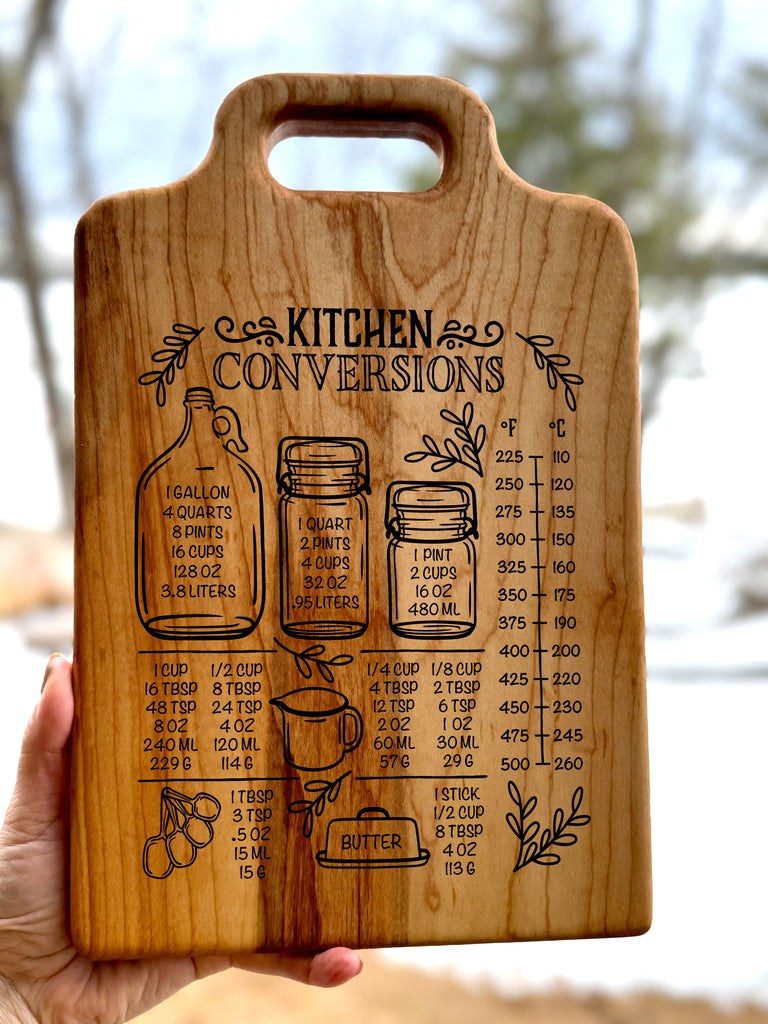 Kitchen Conversion Chart Cutting Board, Custom Maple Charcuterie Board with Kitchen Measurement Conversion Engraving. Perfect Gift for Cooking Enthusiasts