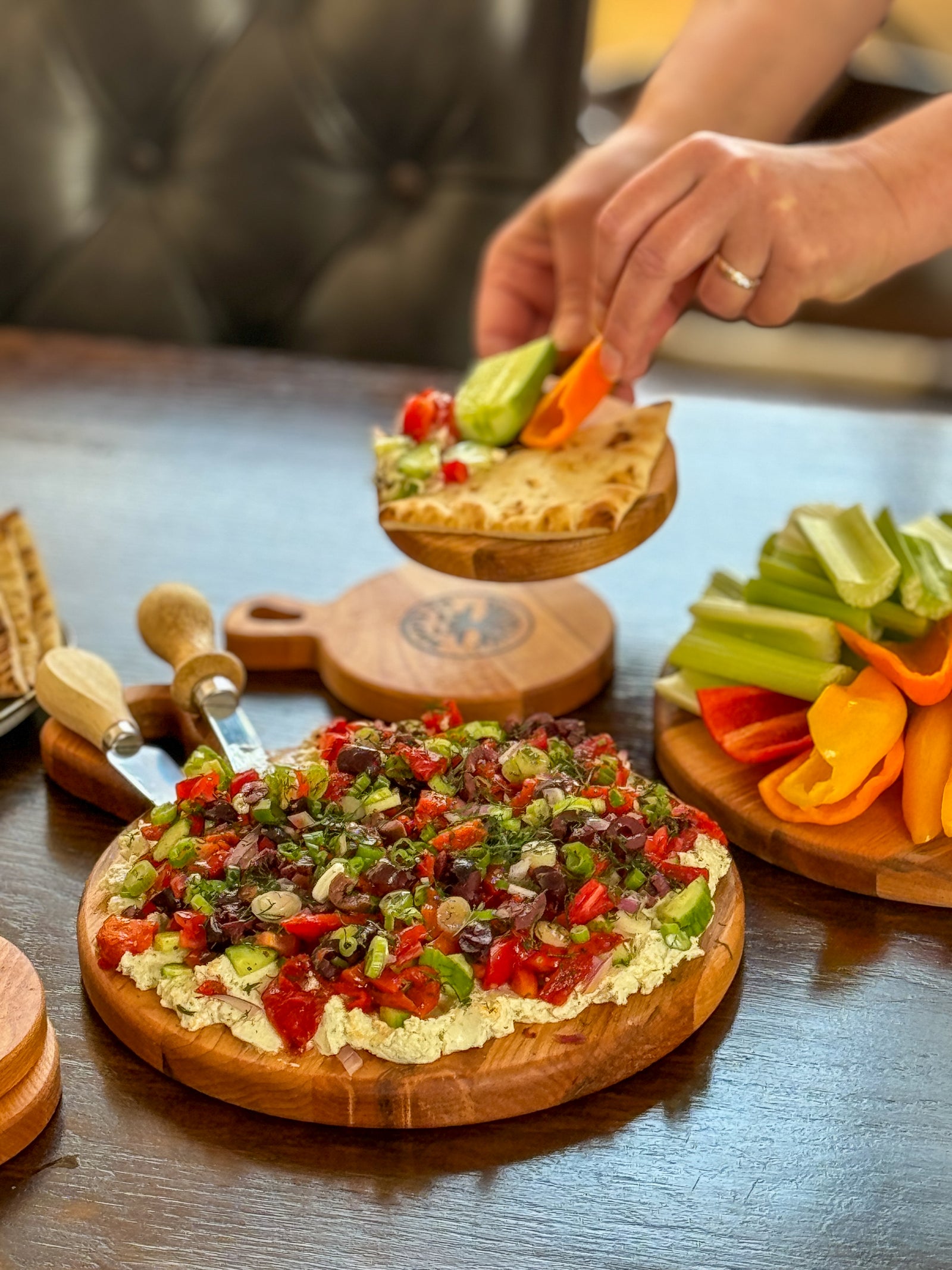 Maple wooden coaster single serve mini charcuterie board set with vegan leather straps engraved with puns: Be Grapeful!!, Olive You So Much, You're A Big Dill!, and Cheese The Day!