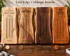 Four live edge cribbage boards made from different wood types (Maple, Blonde Walnut, Black Walnut, Cherry) are shown side-by-side under the heading 'Live Edge Cribbage Boards'. Each board features a laser-engraved cribbage board design on the front edge.
