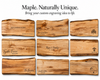 Nine natural live-edge wood signboards arranged in a 3x3 grid on a white background, each engraved with a different custom design or quote. Above the boards, text reads: 'Maple.