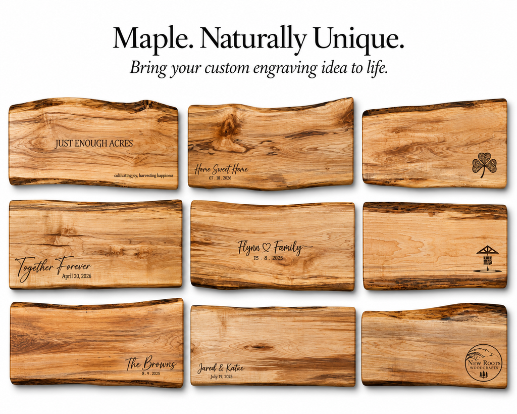 Nine natural live-edge wood signboards arranged in a 3x3 grid on a white background, each engraved with a different custom design or quote. Above the boards, text reads: 'Maple.