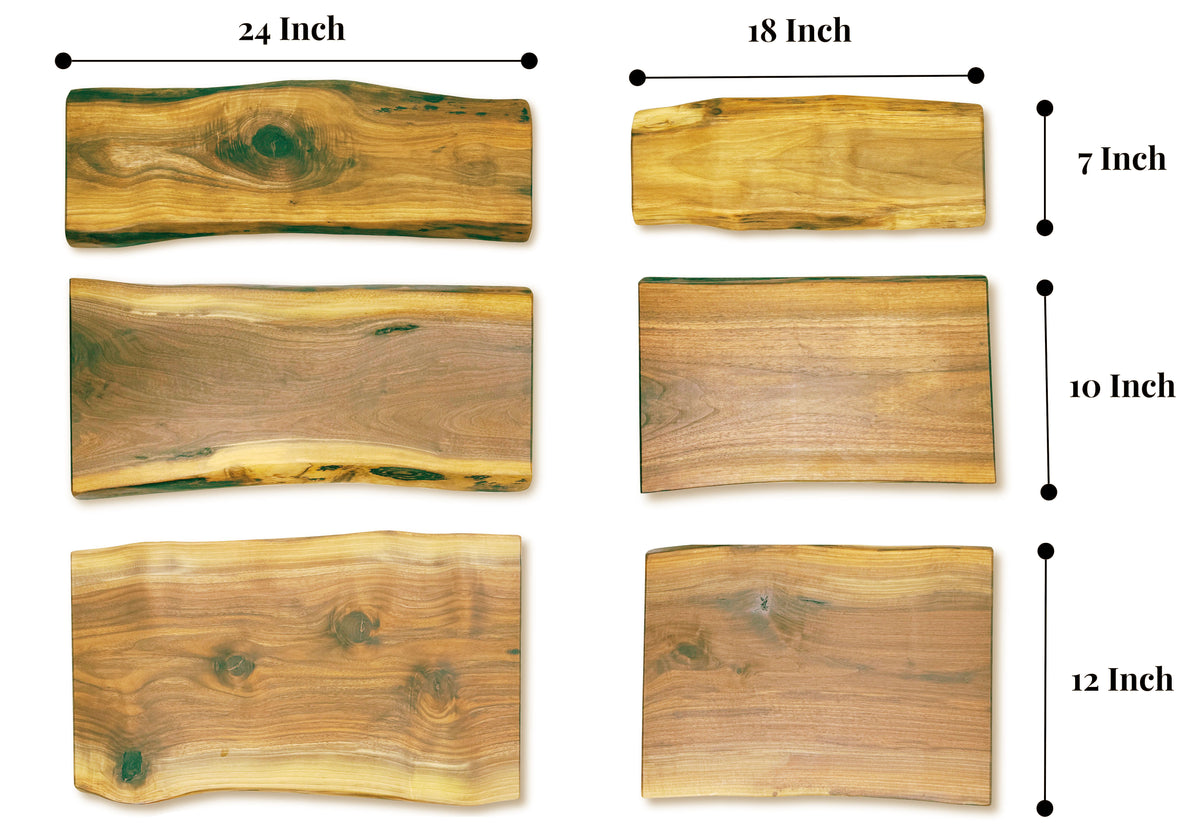 Comparison of live-edge wooden boards in 24-inch and 18-inch lengths, with varying widths of 7, 10, and 12 inches, showcasing the natural grain patterns and unique shapes of each board.