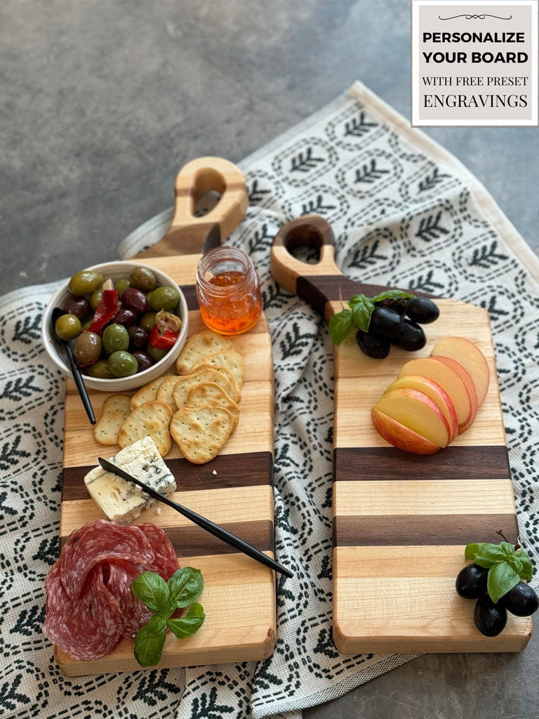 THE NESTLING TIMBERS: Personalized Hand Crafted Maple & Walnut Accent Charcuterie Boards