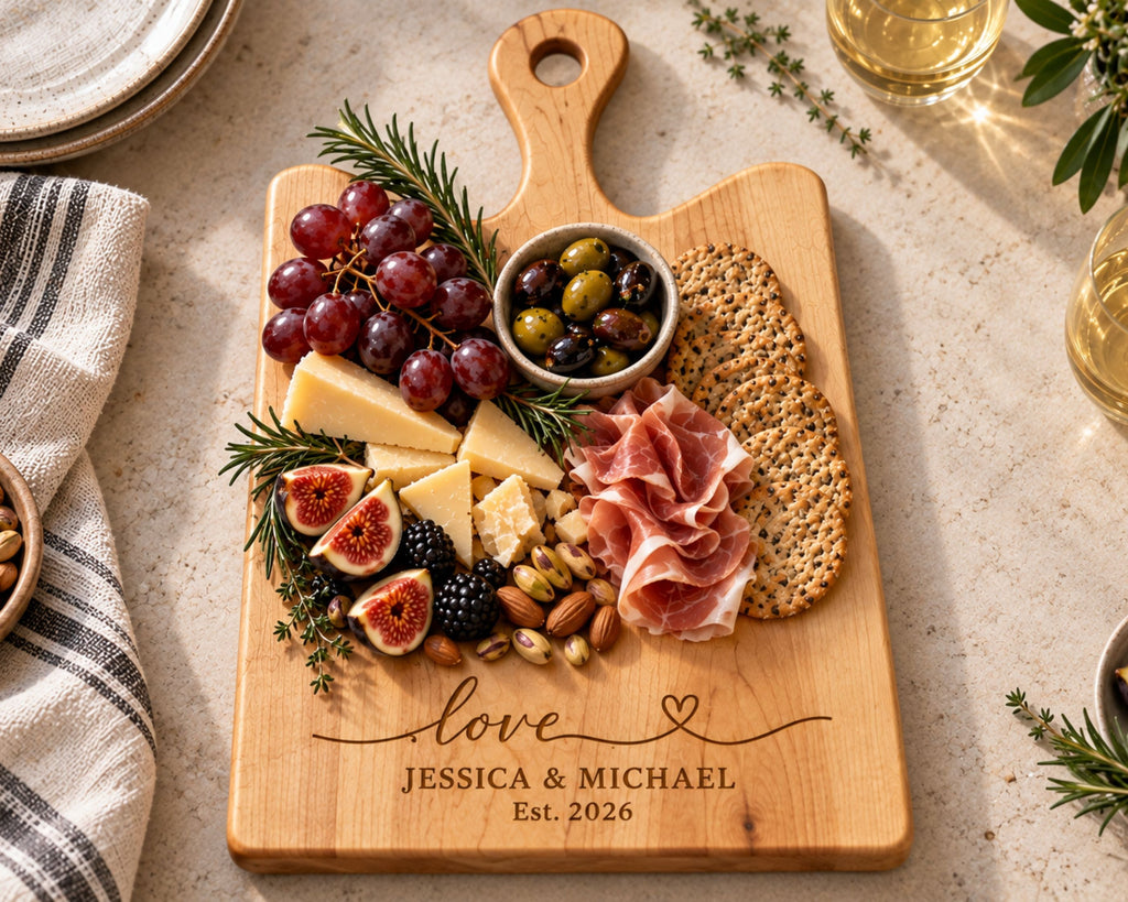 A personalized wooden charcuterie board engraved with 'love JESSICA & MICHAEL Est. 2026', styled with cheese, crackers, prosciutto, grapes, figs, olives, nuts, and herbs on a light stone surface.
