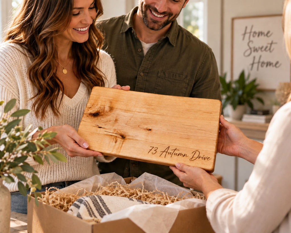 A smiling woman and man present a live edge personalized wooden cutting board engraved with an address as a housewarming gift.