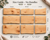 Size guide graphic showing nine rectangular live-edge maple wood charcuterie boards arranged in a grid on a light neutral background, with dimensions labeled for width (24, 18, 12 inch options) and height (8, 10, 12 inch options). Text at the top reads 'Size Guide - No Handles' and there are small decorative leaves and fabric corners around the boards.