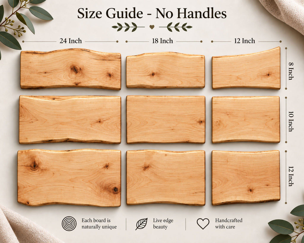 Size guide graphic showing nine rectangular live-edge maple wood charcuterie boards arranged in a grid on a light neutral background, with dimensions labeled for width (24, 18, 12 inch options) and height (8, 10, 12 inch options). Text at the top reads 'Size Guide - No Handles' and there are small decorative leaves and fabric corners around the boards.
