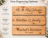 A promotional graphic showing three font options engraved on wooden cutting boards labeled Design 1 Modern, Design 2 Whimsy, and Design 3 Classic, with sample text including 'Mr. & Mrs.