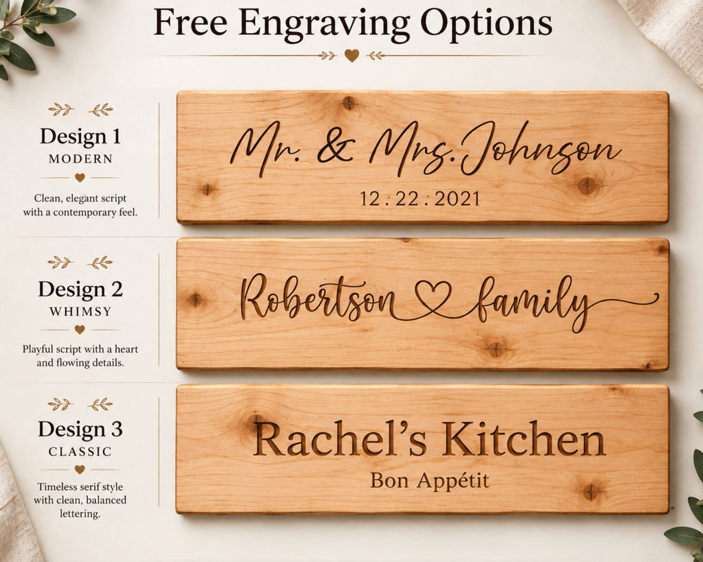A promotional graphic showing three font options engraved on wooden cutting boards labeled Design 1 Modern, Design 2 Whimsy, and Design 3 Classic, with sample text including 'Mr. & Mrs.