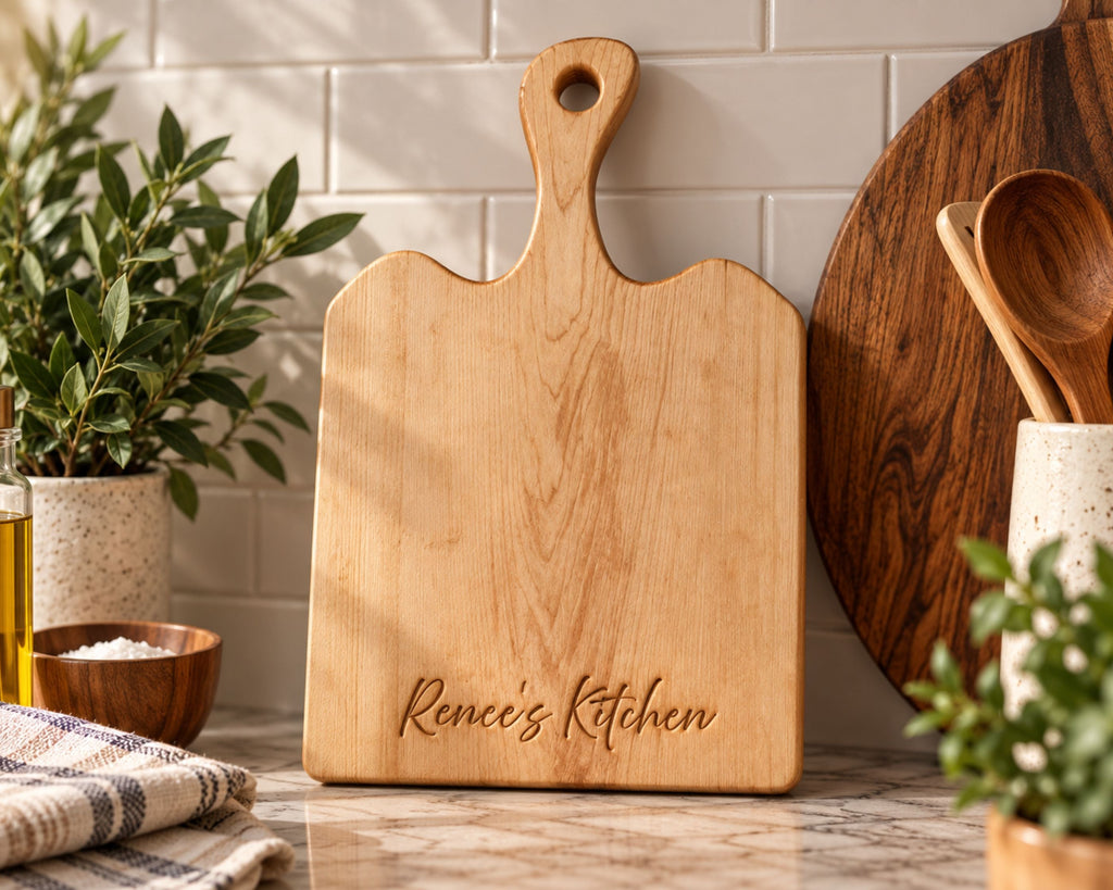 A light natural maple wood cutting board with a handle and the engraved text 'Renee's Kitchen' on the front, displayed on a kitchen counter with plants, a striped cloth, and wooden utensils in the background.