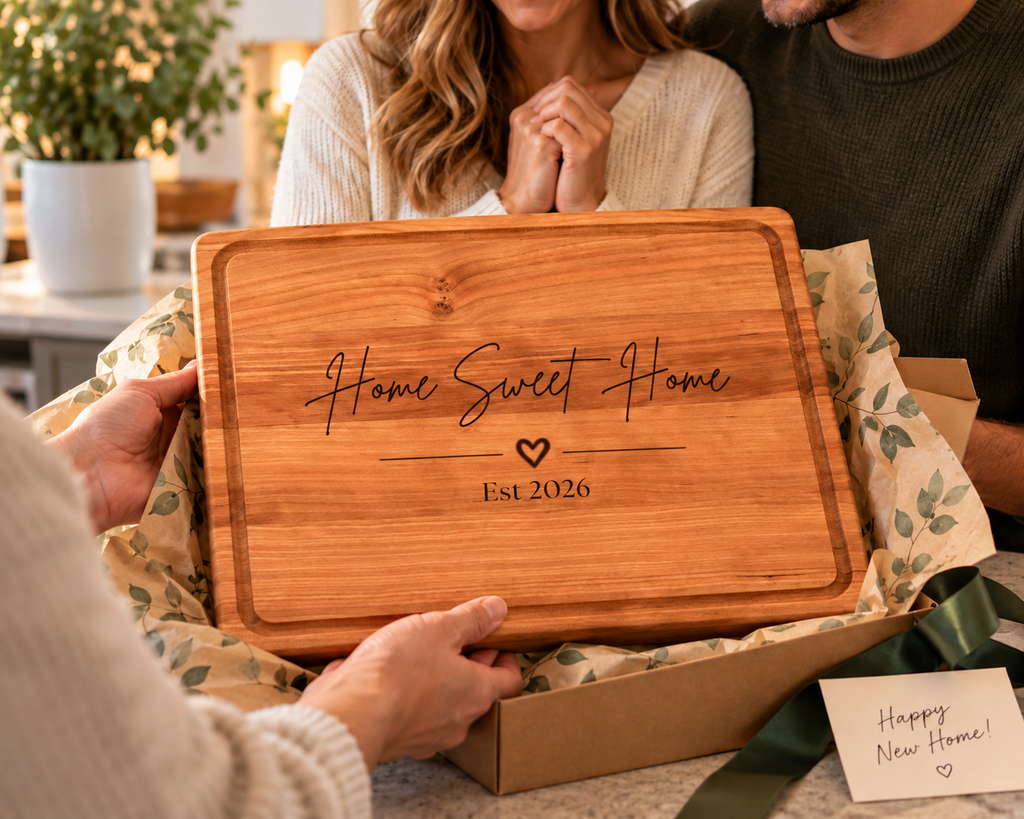 Smiling woman receiving a handcrafted personalized cherry wood cutting board as a thoughtful gift. The board features custom family engraving and is presented in a gift box with natural kraft paper. A meaningful personalized housewarming, wedding, anniversary or Christmas gift for couples, newlyweds and homeowners.