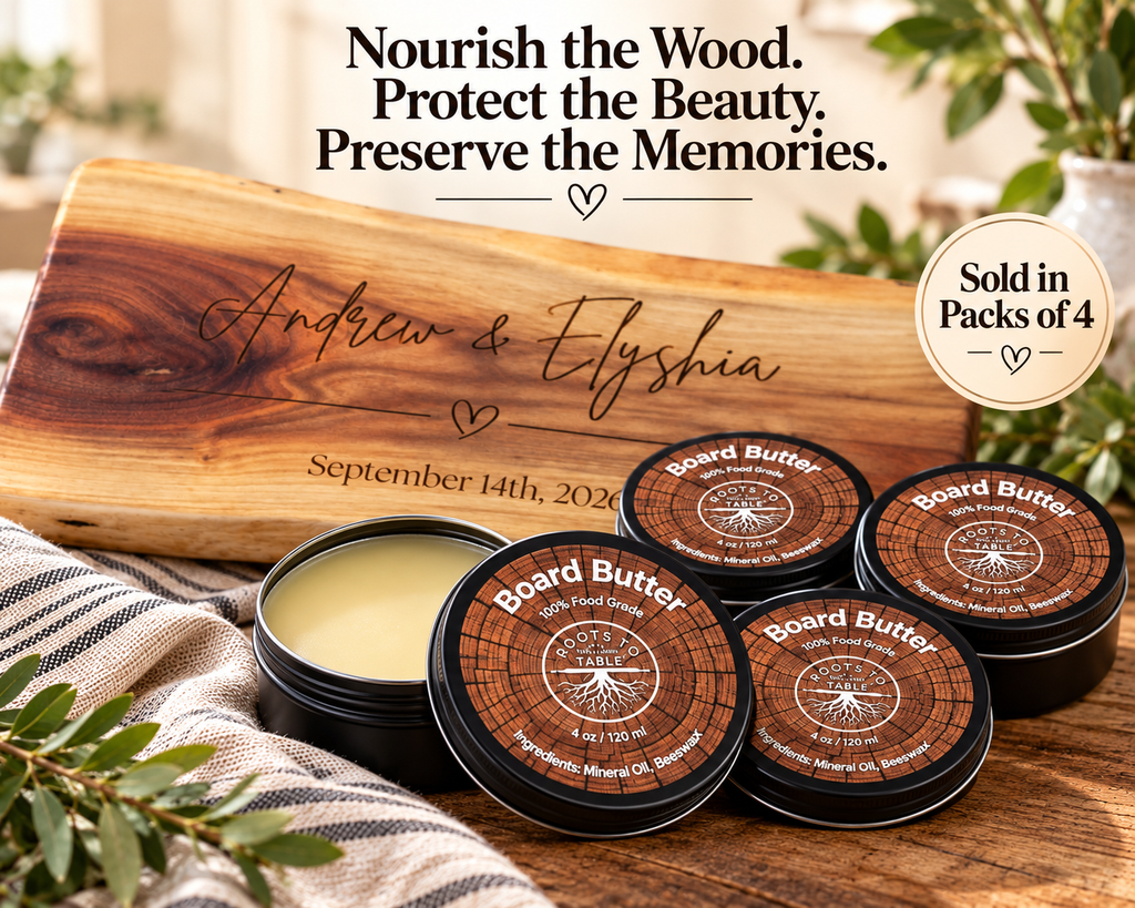 Four small black metal tins of Charcuterie board conditioning wax are arranged on a wooden surface in front of a large engraved wooden sign reading 'Andrew & Elyshia' and the date 'September 14th, 2025.' A cream circular badge says 'Sold in Packs of 4.