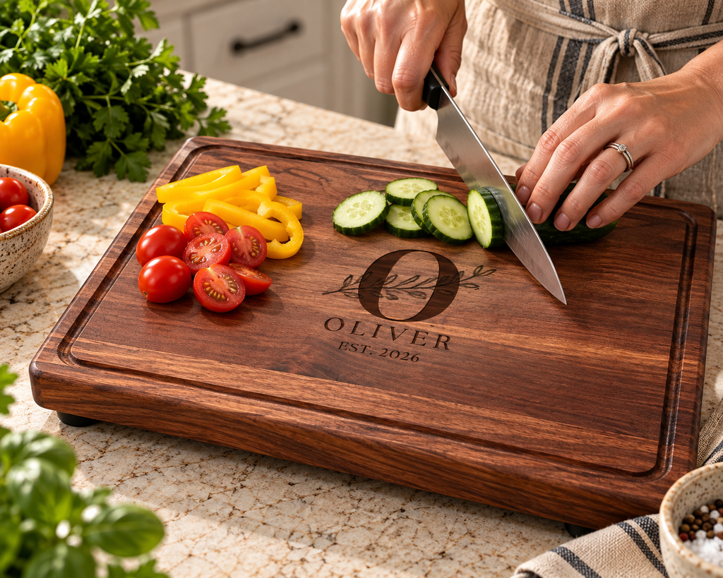 Person slicing fresh vegetables on a handcrafted dark walnut cutting board with personalized family engraving. Featuring a juice groove, smooth hardwood surface and small non-slip rubber feet that elevate the board above the kitchen counter. A functional custom engraved chopping board for everyday food preparation.