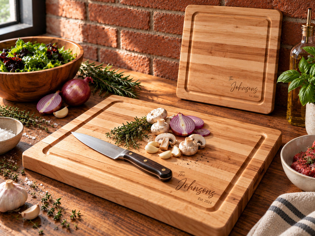Two personalized wooden cutting boards engraved with The Johnsons Est. 2024 on a rustic kitchen counter, surrounded by fresh garlic, mushrooms, red onion, herbs, a knife, and a salad bowl. Each cutting block is mad of maple edge grain. One boards rests against the wall used as home decor.