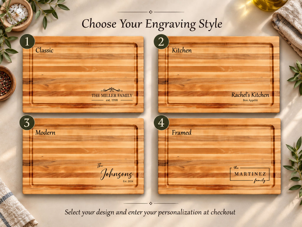 Four personalized wooden cutting boards arranged in a 2x2 grid on a beige fabric background, with decorative kitchen props around the edges. Text at the top reads Choose Your Engraving Style and shows four styles: Classic, Kitchen, Modern, and Framed.
