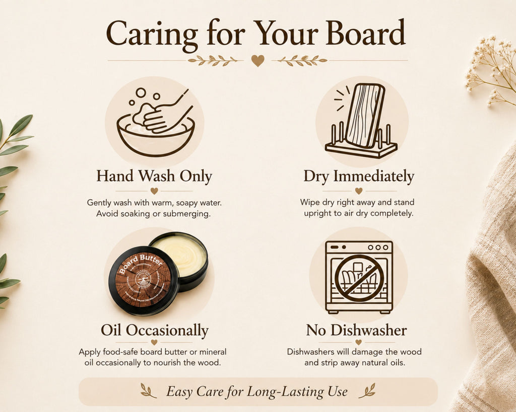 An illustrated care guide titled 'Caring for Your Board' with four panels showing instructions: hand wash only, dry immediately, oil occasionally, and no dishwasher. The design uses a warm cream background with line drawings, small decorative leaves, and a folded cloth on the right.