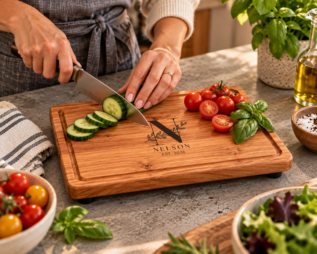 Woman slicing fresh cucumber on a personalized cherry wood cutting board engraved with the Nelson family monogram and Est. 2026. The compact 12 by 9 inch hardwood board features a juice groove and small non-slip rubber feet underneath, elevating it above the countertop. A practical personalized cutting board for everyday kitchen prep.