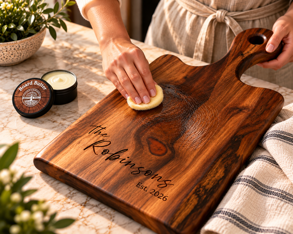 A wooden cutting board with engraved script reading 'The Robinsons Est. 2026' is shown on a kitchen counter while a person applies Charcuterie board conditioning wax to  the surface with a round sponge.