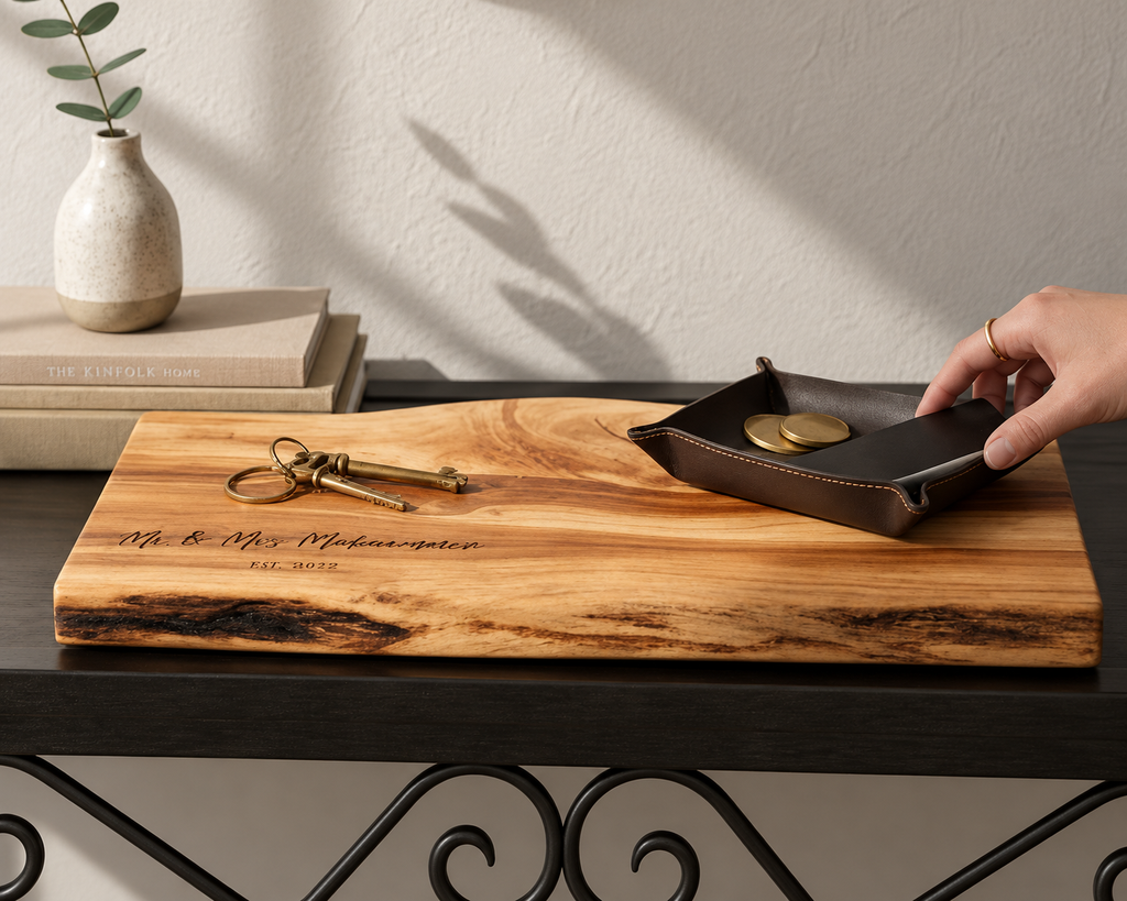 A personalized live-edge wood tray on a black console table, featuring engraved text 'Mr. & Mrs.