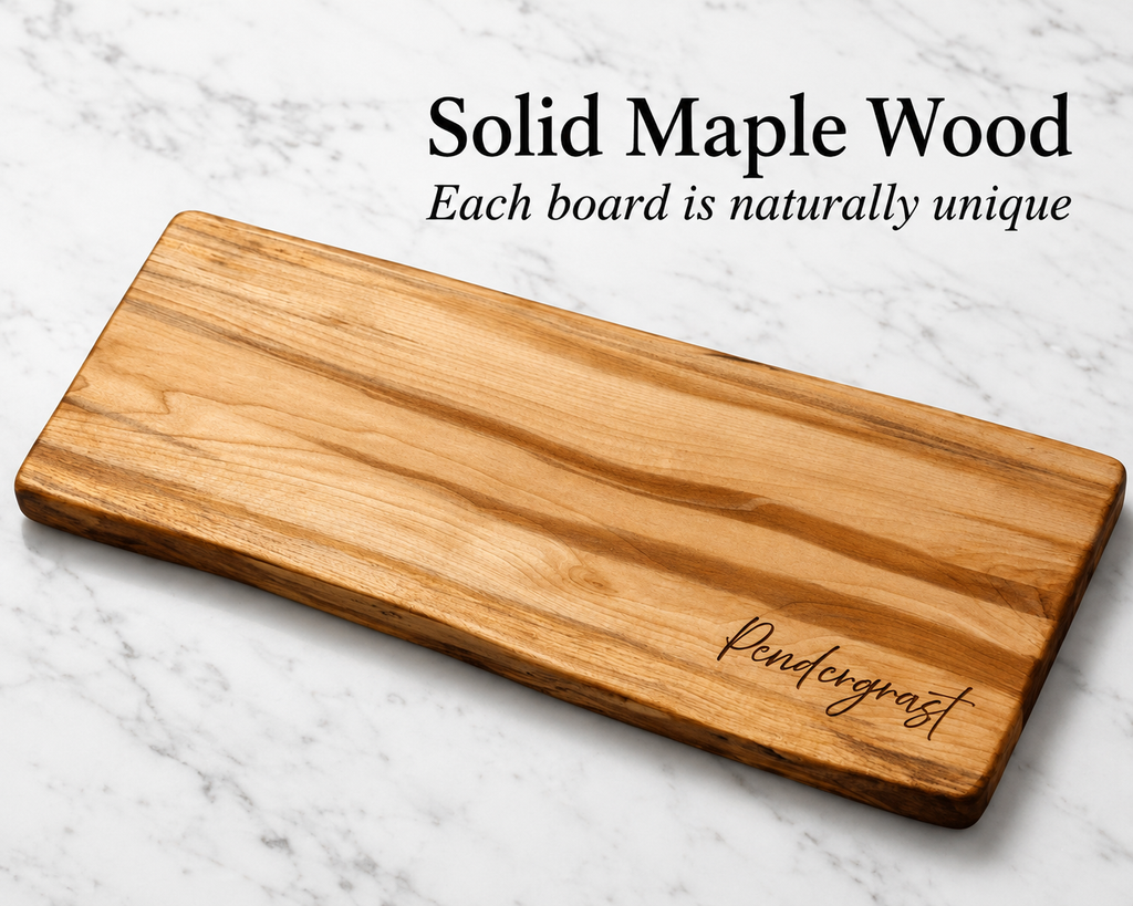 A rectangular solid maple wood serving board with natural grain, featuring the brand name 'Pendergrass' engraved in script in the bottom right corner. The board is displayed on a white marble surface with text overlay at the top reading 'Solid Maple Wood' and 'Each board is naturally unique'.