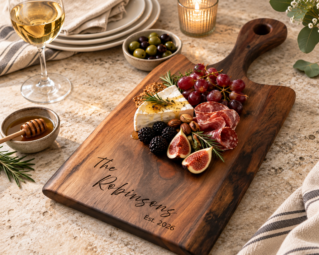 A personalized handled walnut wood charcuterie board engraved with The Robinsons Est. 2026, styled on a stone countertop with cheese, grapes, cured meat, figs, olives, honey, a glass of white wine, and a lit candle.