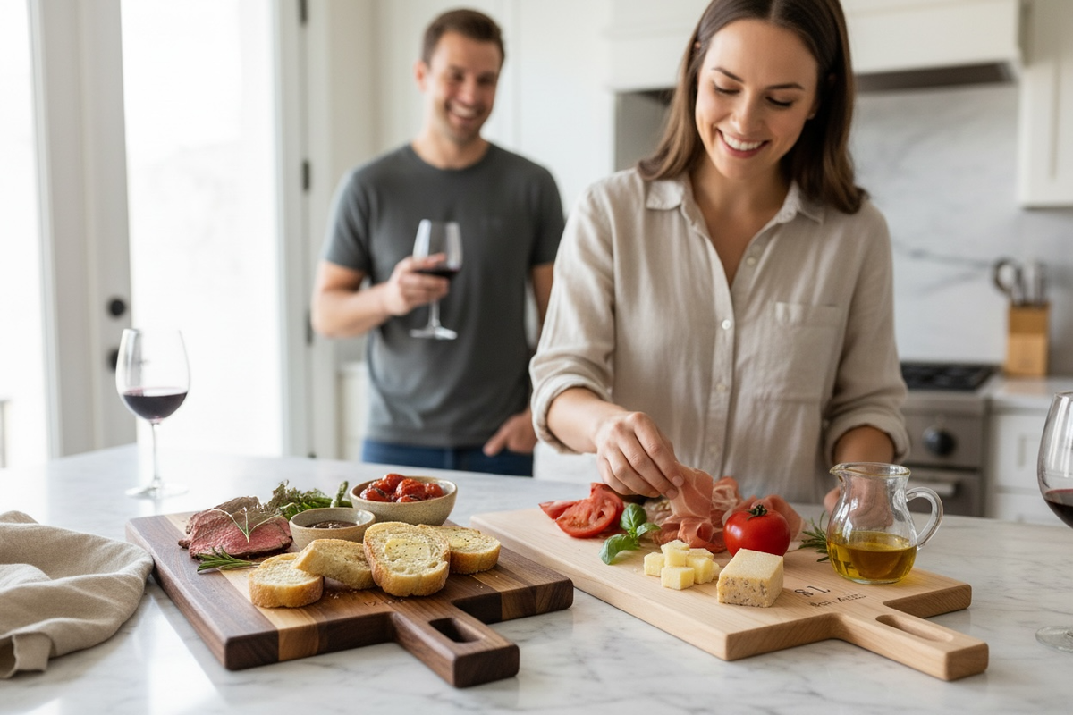 Personalized Charcuterie Board with Handle, Modern Cheese Server, Minimalist Wooden Cutting Board in Walnut or Maple
