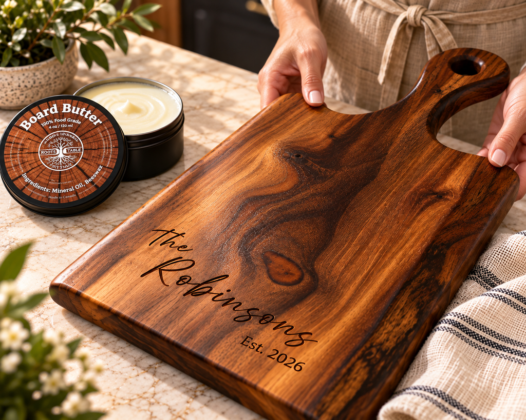 A personalized wooden cutting board with engraved script reading 'The Robinsons Est. 2026' being held by hands, next to a jar of Board Butter showing how rich and nourished the board looks after its been treated.