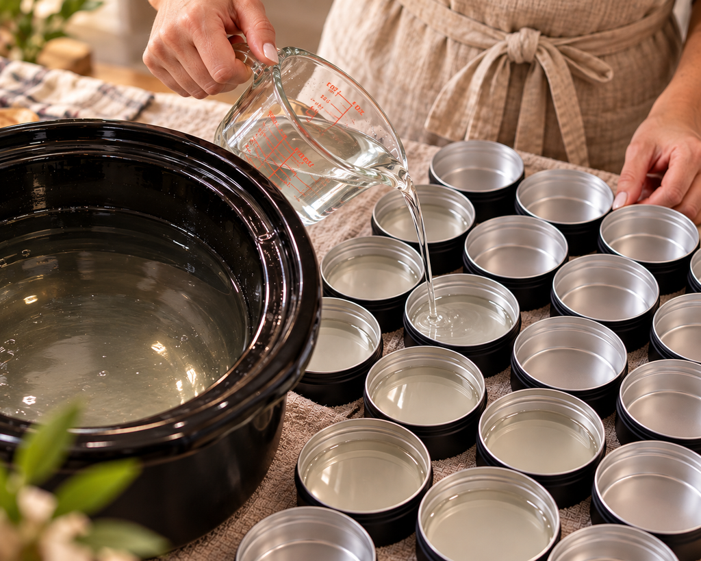 A person in a beige apron is making board conditioner as she pours melted Beeswax and mineral oil from a glass measuring pitcher into multiple small round metal tins arranged on a table next to a large black pot.