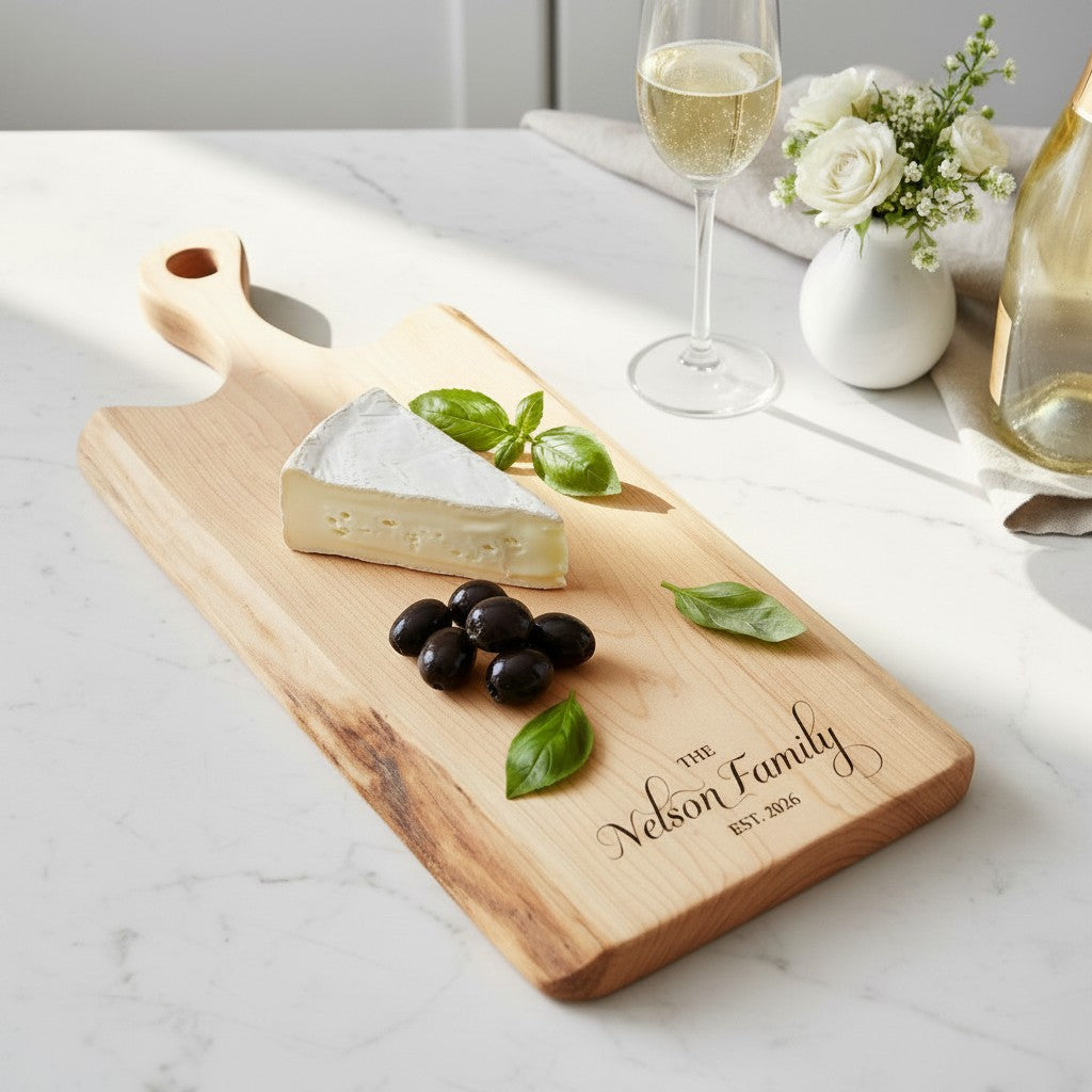 Personalized Maple Charcuterie Board with Handle | Custom Engraved Live Edge Serving Board